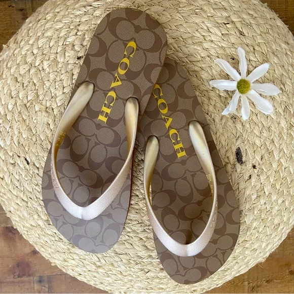 COACH ⭐️NWOT Slip On Sandals in Gold + Brown - Picture 3 of 8